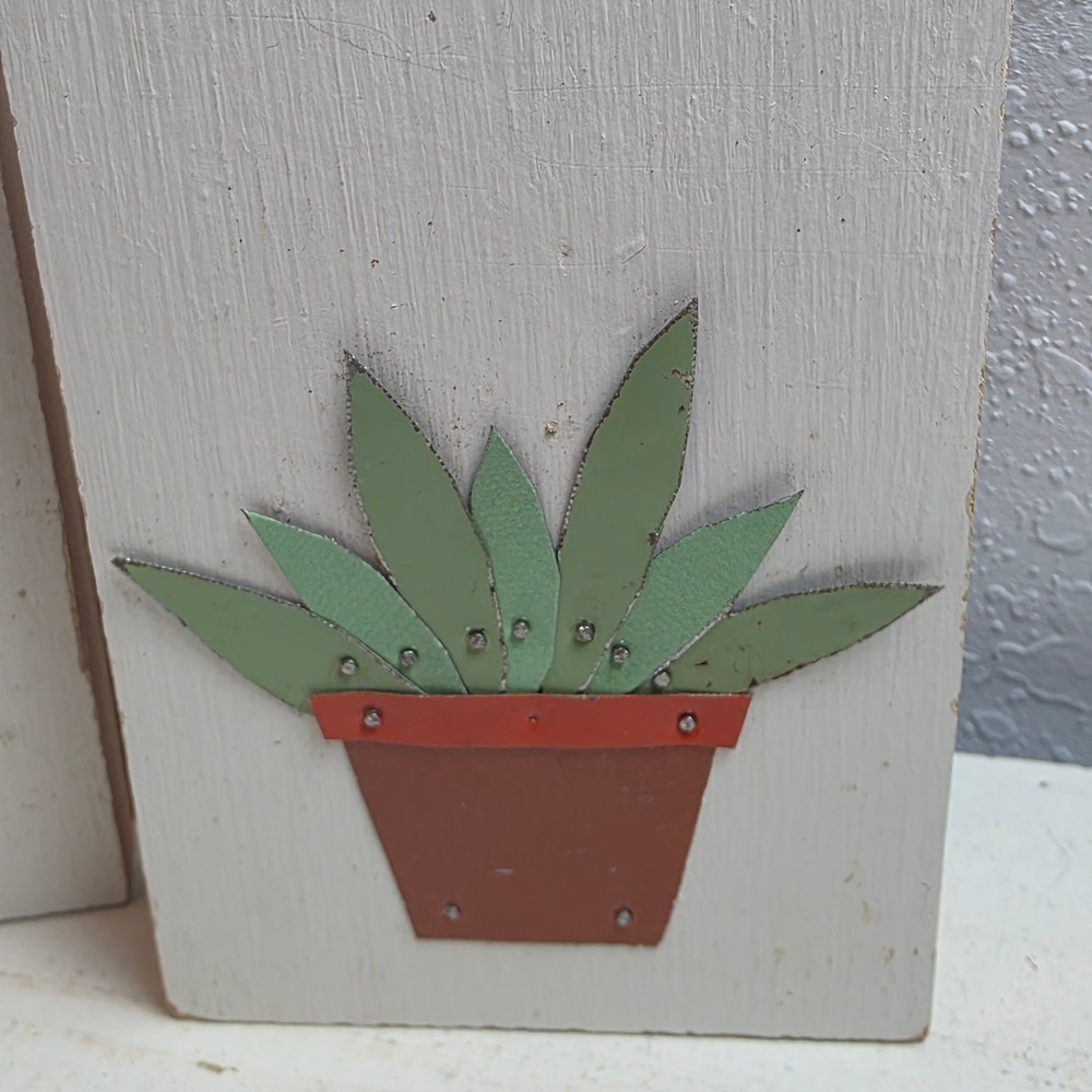Handmade Rustic Wood Metal Succulent Cactus Wall Art Block Set of 3 Multicolor - Picture 4 of 7
